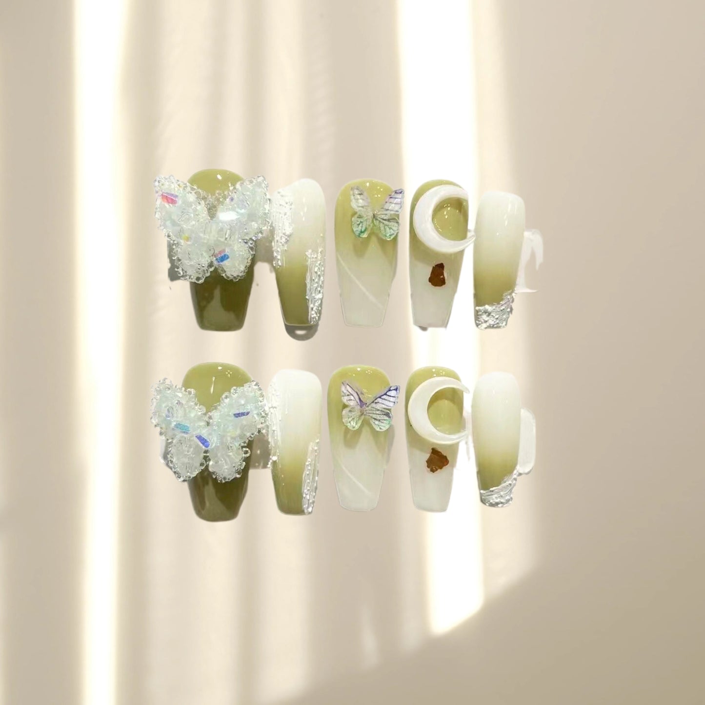 Green butterfly Press on Nails Short Fake Nails French Acrylic Full Cover False Nails for Women