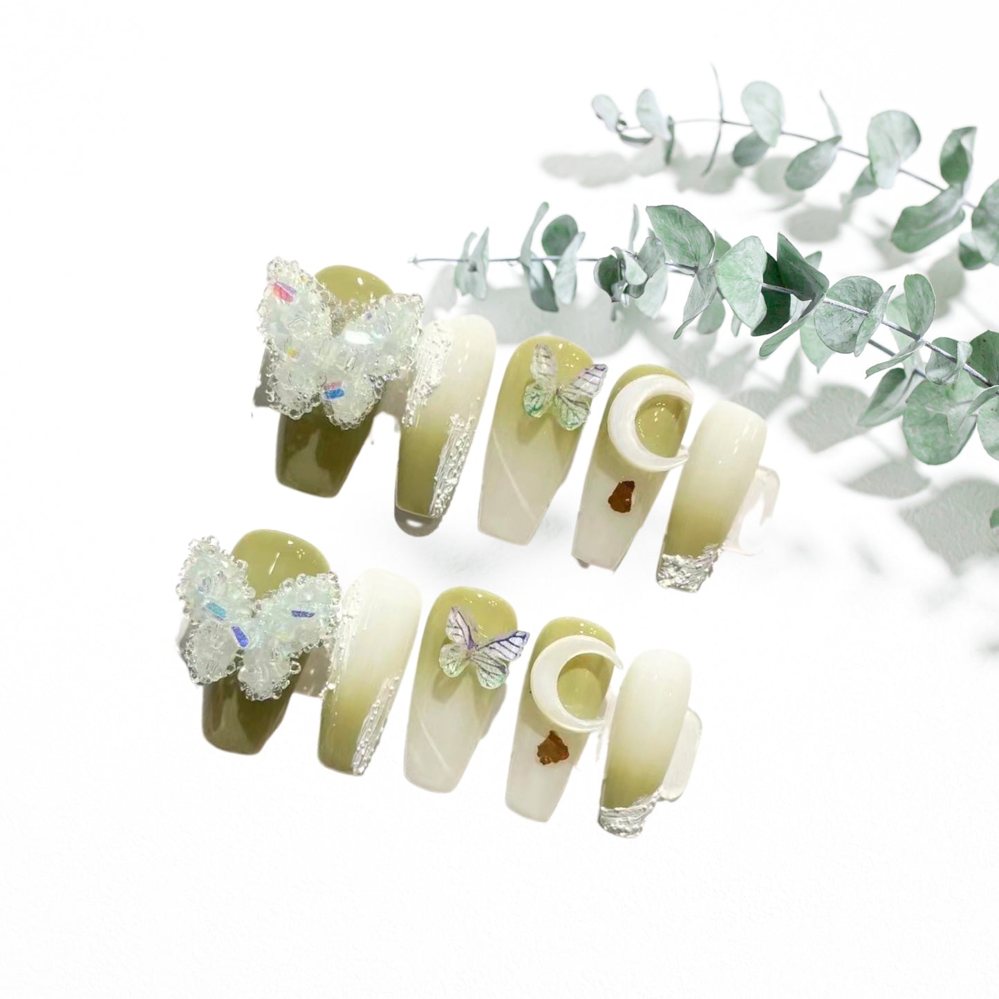 Green butterfly Press on Nails Short Fake Nails French Acrylic Full Cover False Nails for Women