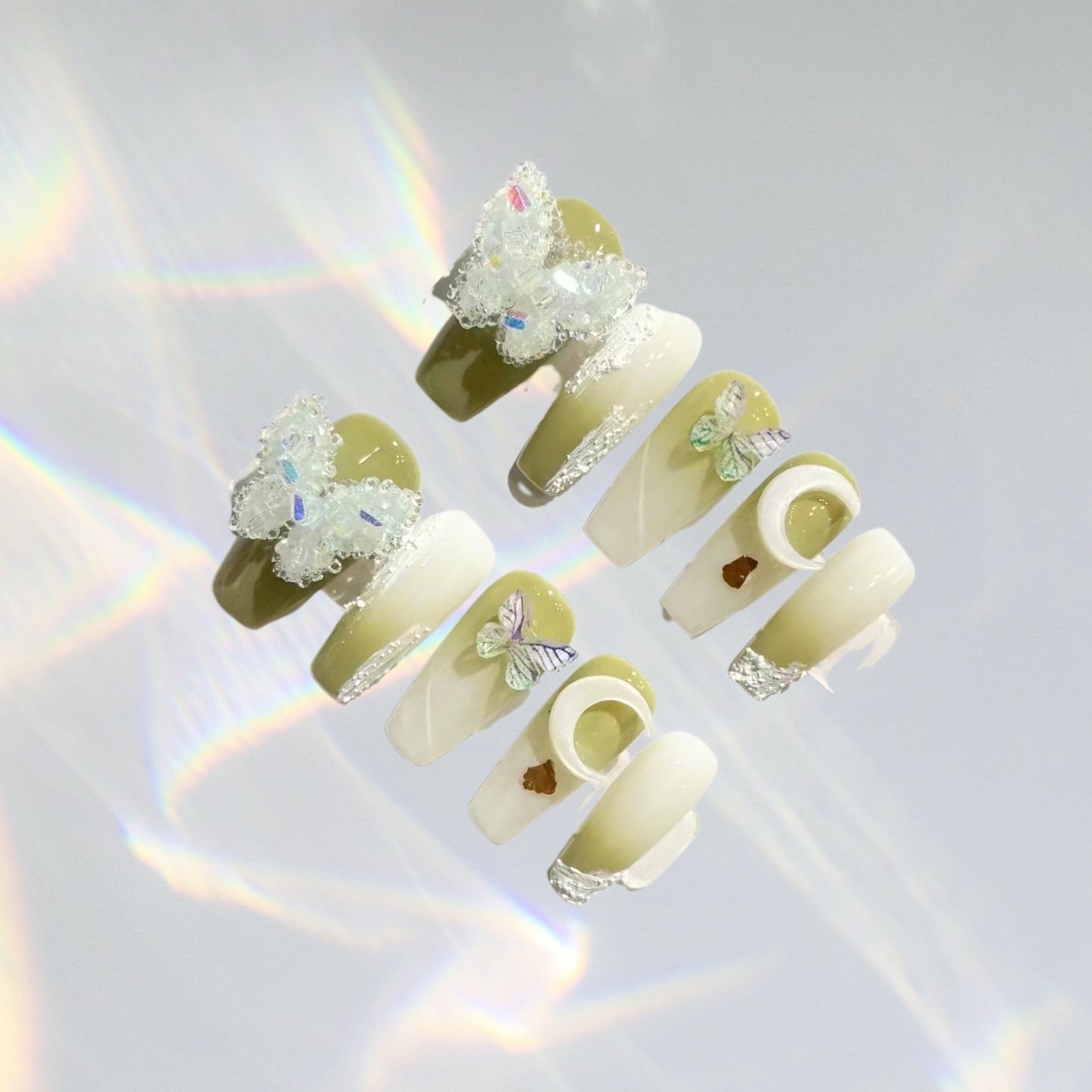 Green butterfly Press on Nails Short Fake Nails French Acrylic Full Cover False Nails for Women