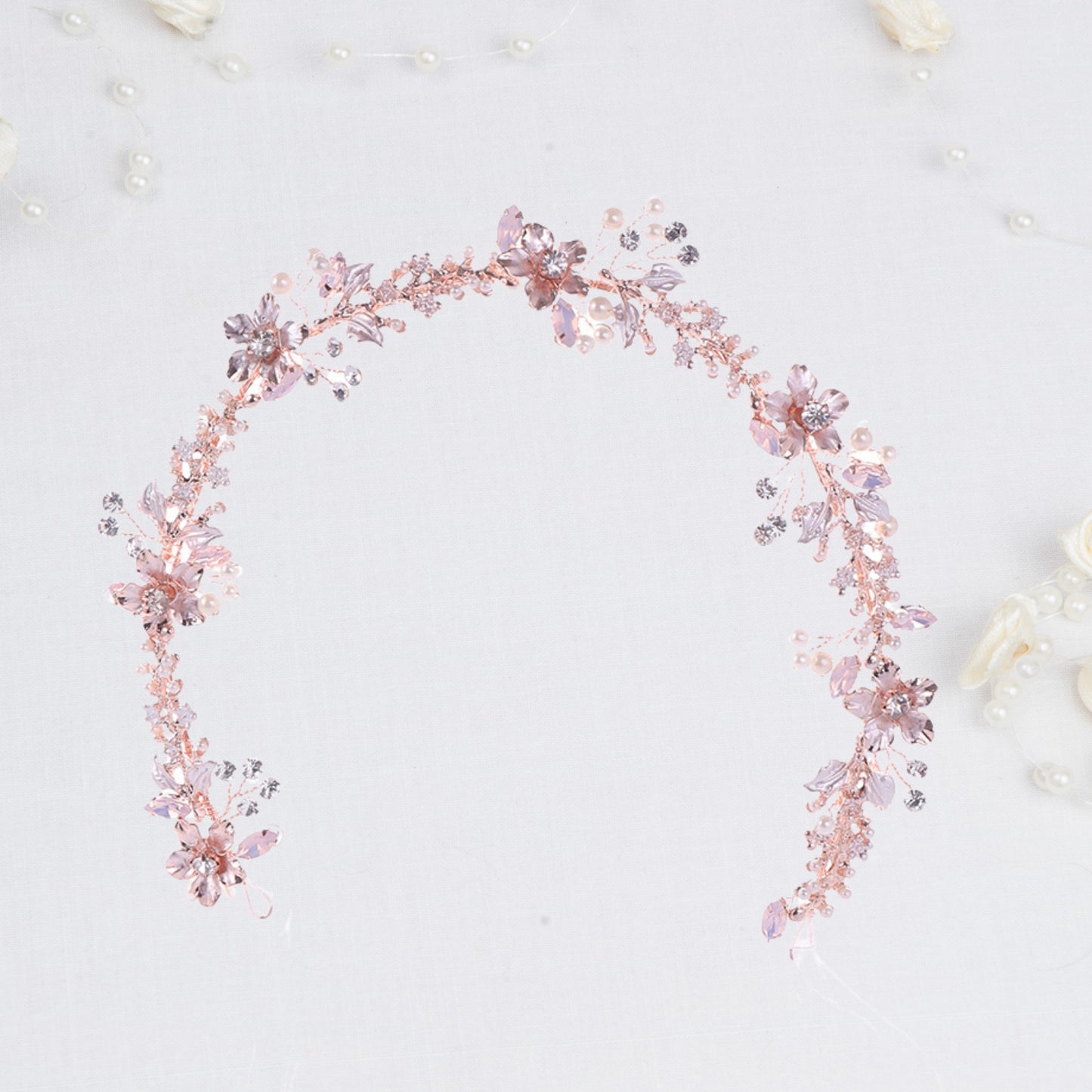 Pink Crystal Pearl Rose Gold Boho Headband for Bride Bridal Headpiece Bridesmaid Flower Girl Hair Accessory Prom Hairdress Rustic Wedding Women Vine