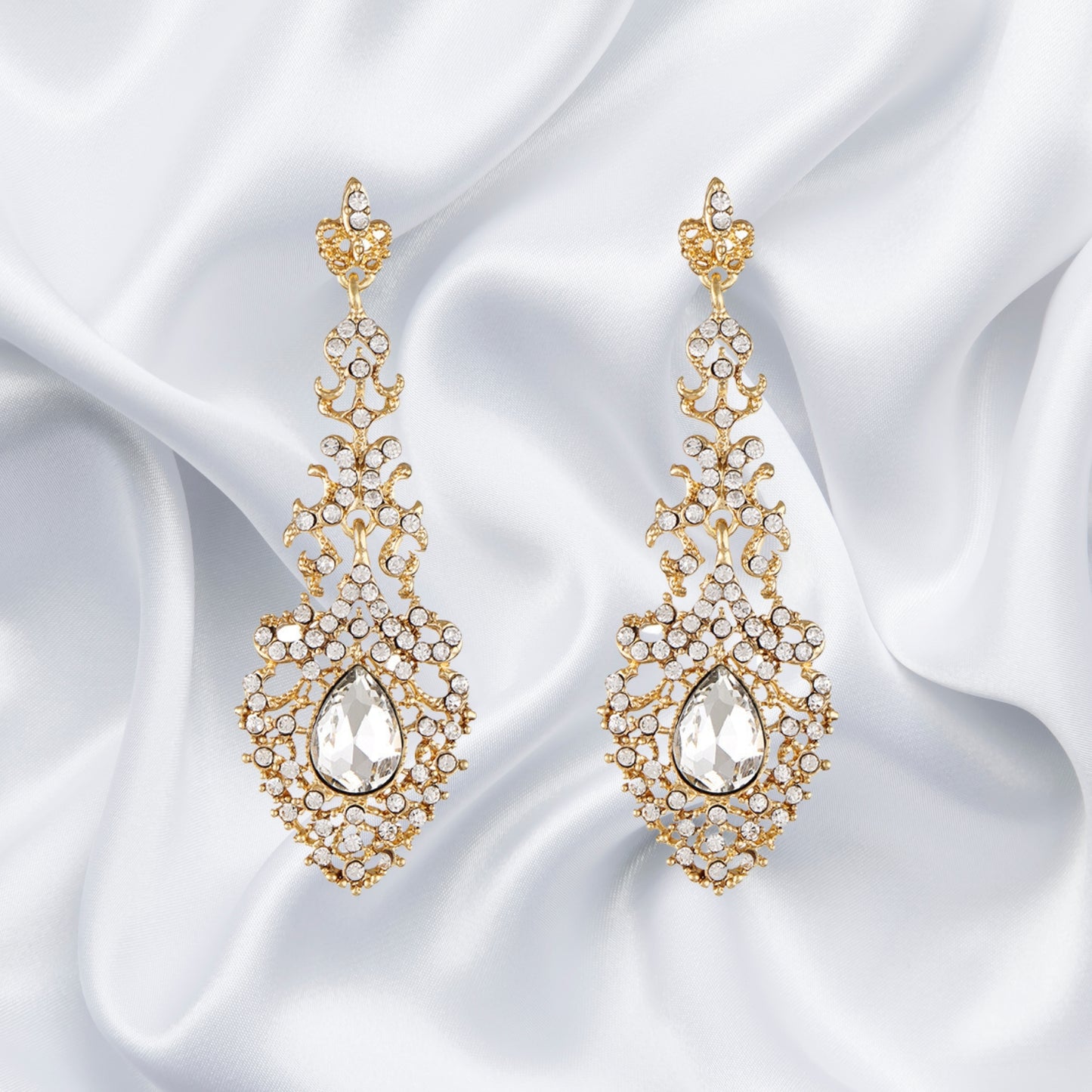 Gold Dangle Earrings for Brides, Wedding or Prom Statement Chandeliers