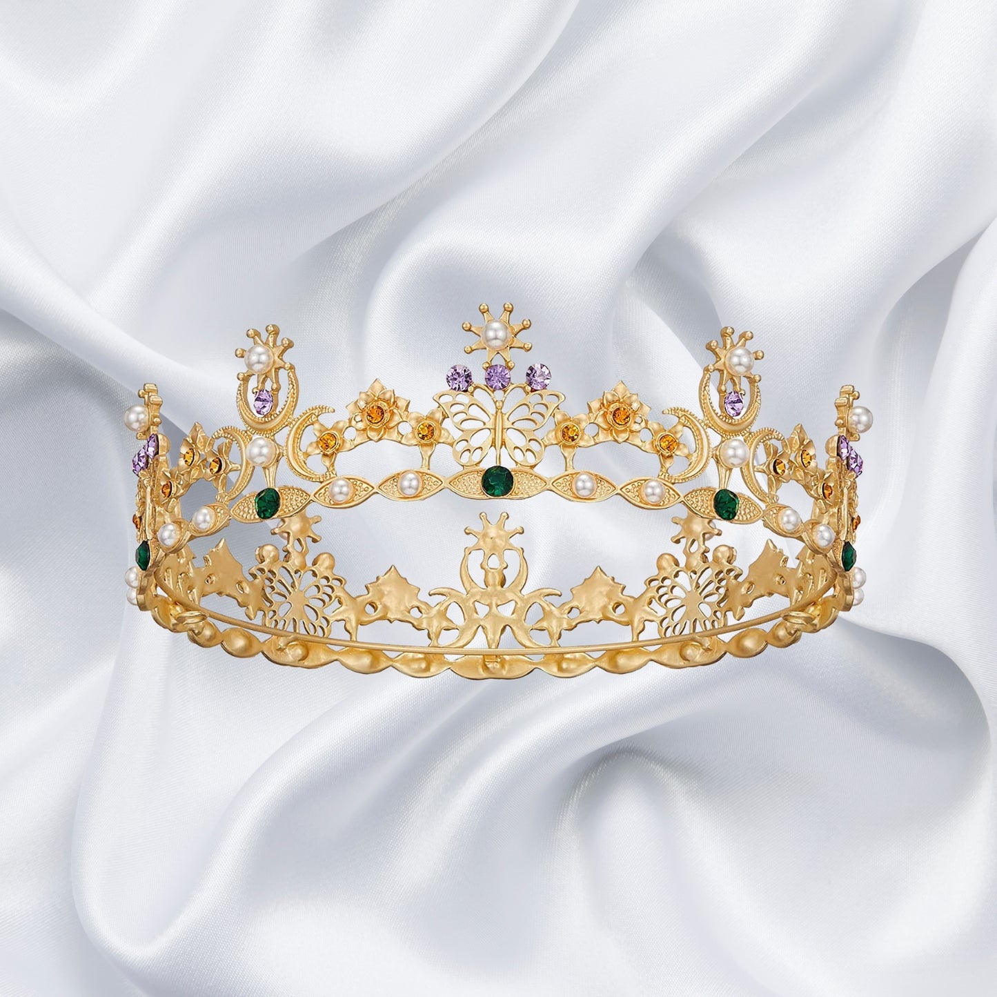 Gold Butterfly Crowns and Tiaras Flower Rhinestone Bride Crown Baroque Queen Tiaras Pearl Headpiece for Women and Girls