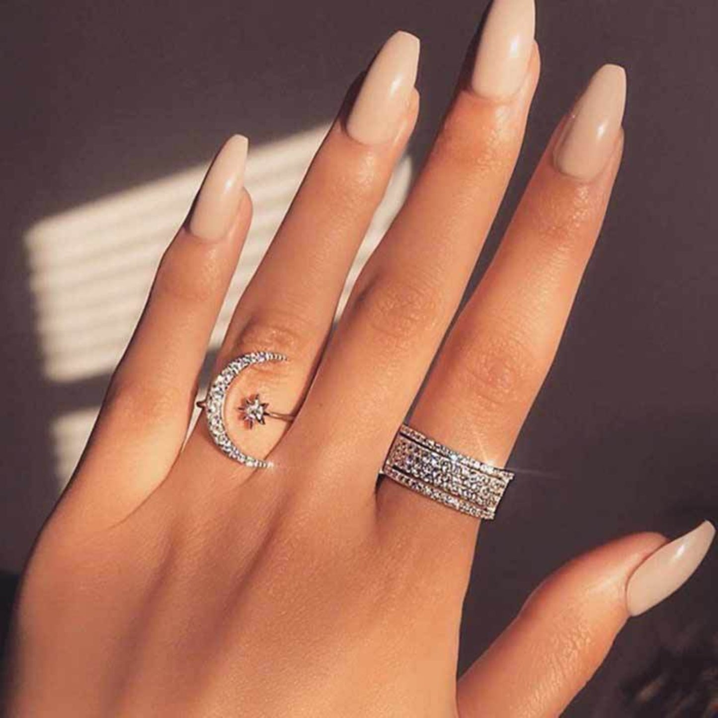 Star and Moon Ring Adjustable 925 Sterling Silver Crescent Moon Ring Vintage Jewelry Gifts for Womem