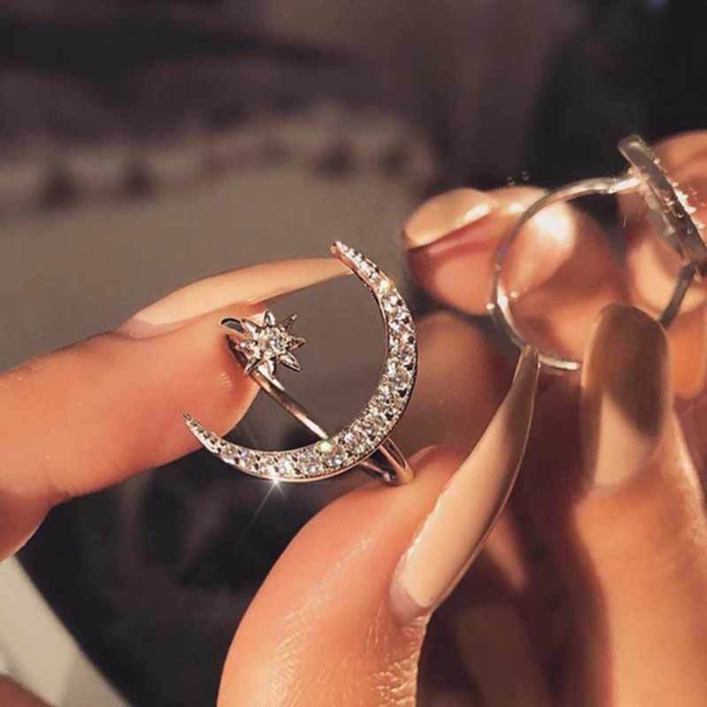 Star and Moon Ring Adjustable 925 Sterling Silver Crescent Moon Ring Vintage Jewelry Gifts for Womem
