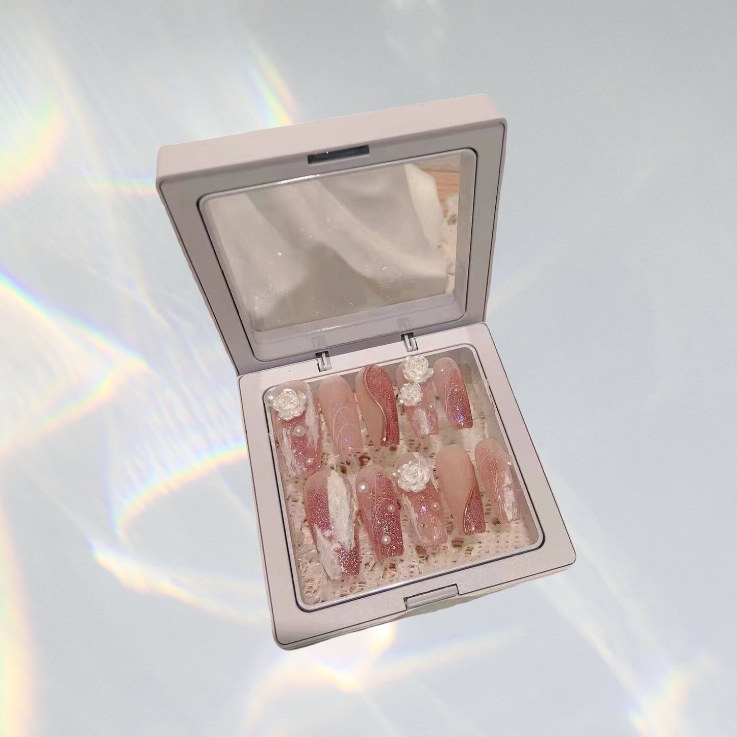 Gradient Pink Press on Nails Medium Coffin Fake Nails with Flower Rhinestone Designs Glossy