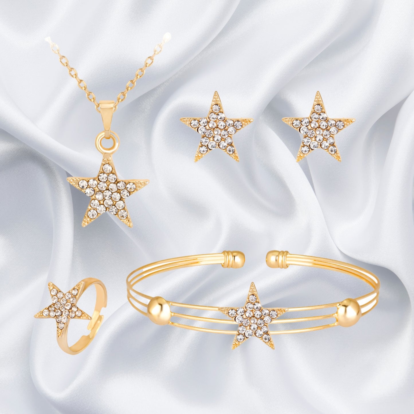 Crystal Star Moon White Gold Color Drop Earrings Jewelry for Women Earring Bracelet Ring Necklace
