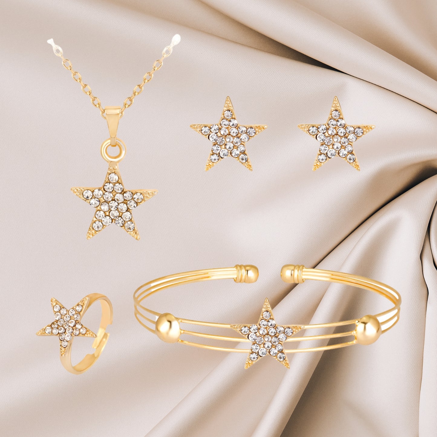 Crystal Star Moon White Gold Color Drop Earrings Jewelry for Women Earring Bracelet Ring Necklace