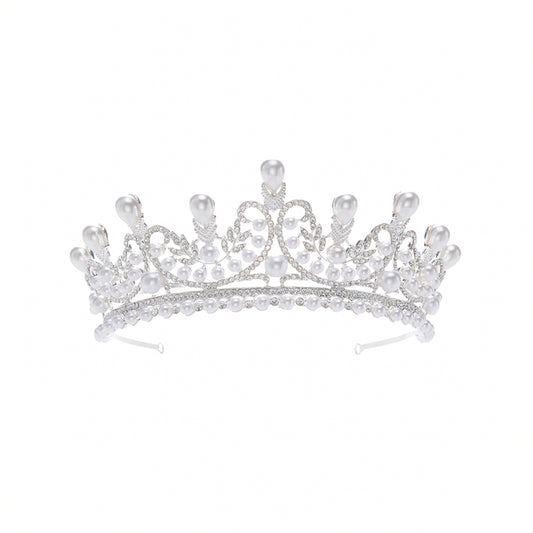 Pearl Wedding Tiara for Women Silver Rhinestone Crown Bridal Princess Hair Accessories