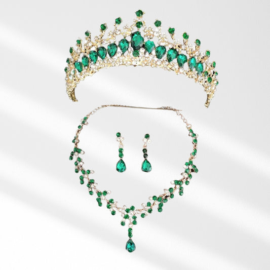 Baroque Bridal Jewelry Set 3 Pieces Tiara Earrings Necklace Bridal Jewelry Set Wedding Rhinestone Crystal Tiara Crown Headband Princess Baroque Crown for Bride Women Girls (Green)