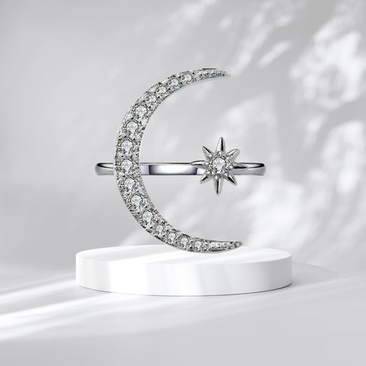 Star and Moon Ring Adjustable 925 Sterling Silver Crescent Moon Ring Vintage Jewelry Gifts for Womem