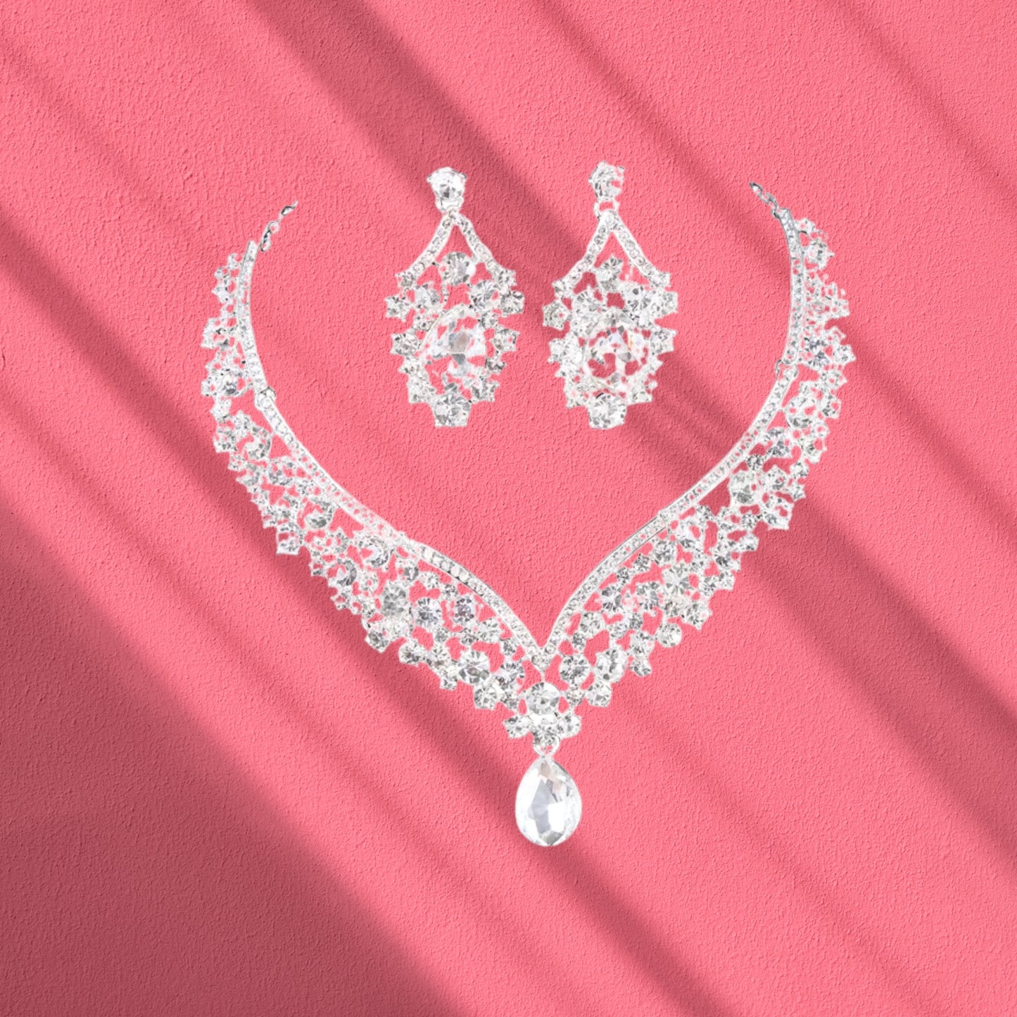 Bride Jewelry Set Silver Crystal Wedding Necklace Earrings Bridal Rhinestone Teardrop Pendant Accessories for Women and Bridesmaids