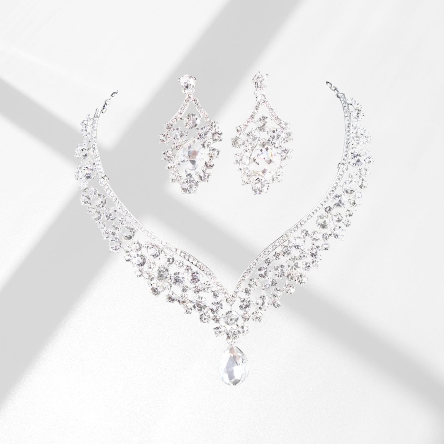Bride Jewelry Set Silver Crystal Wedding Necklace Earrings Bridal Rhinestone Teardrop Pendant Accessories for Women and Bridesmaids