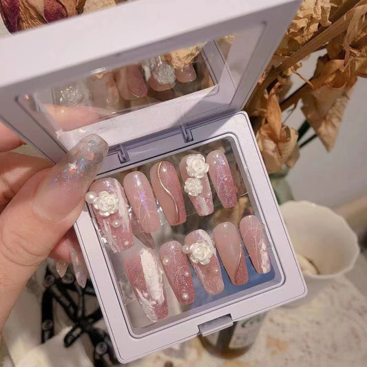 Gradient Pink Press on Nails Medium Coffin Fake Nails with Flower Rhinestone Designs Glossy
