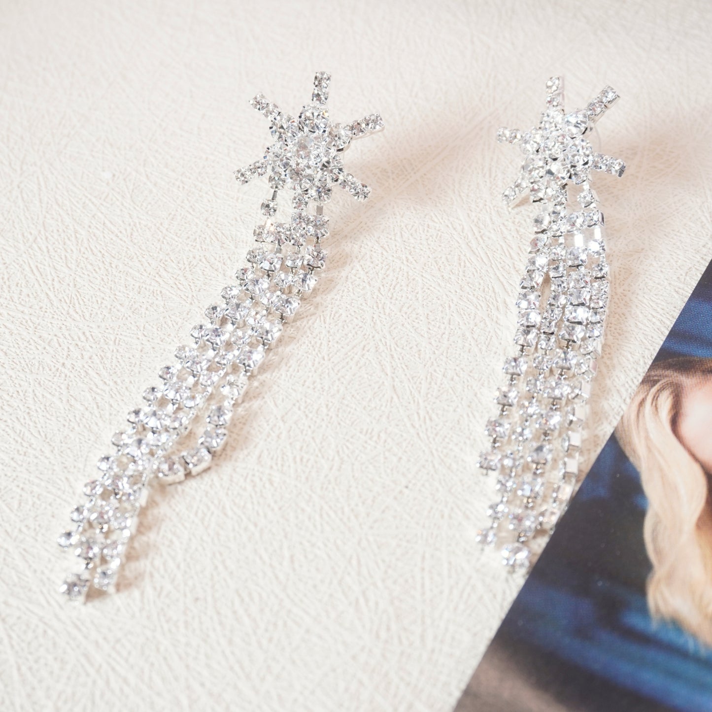 Women’s Tassel Earrings Star Ear Stud Pave Crystal Dangle Earrings Boho Waterfall Beaded Fringe Drop Earring