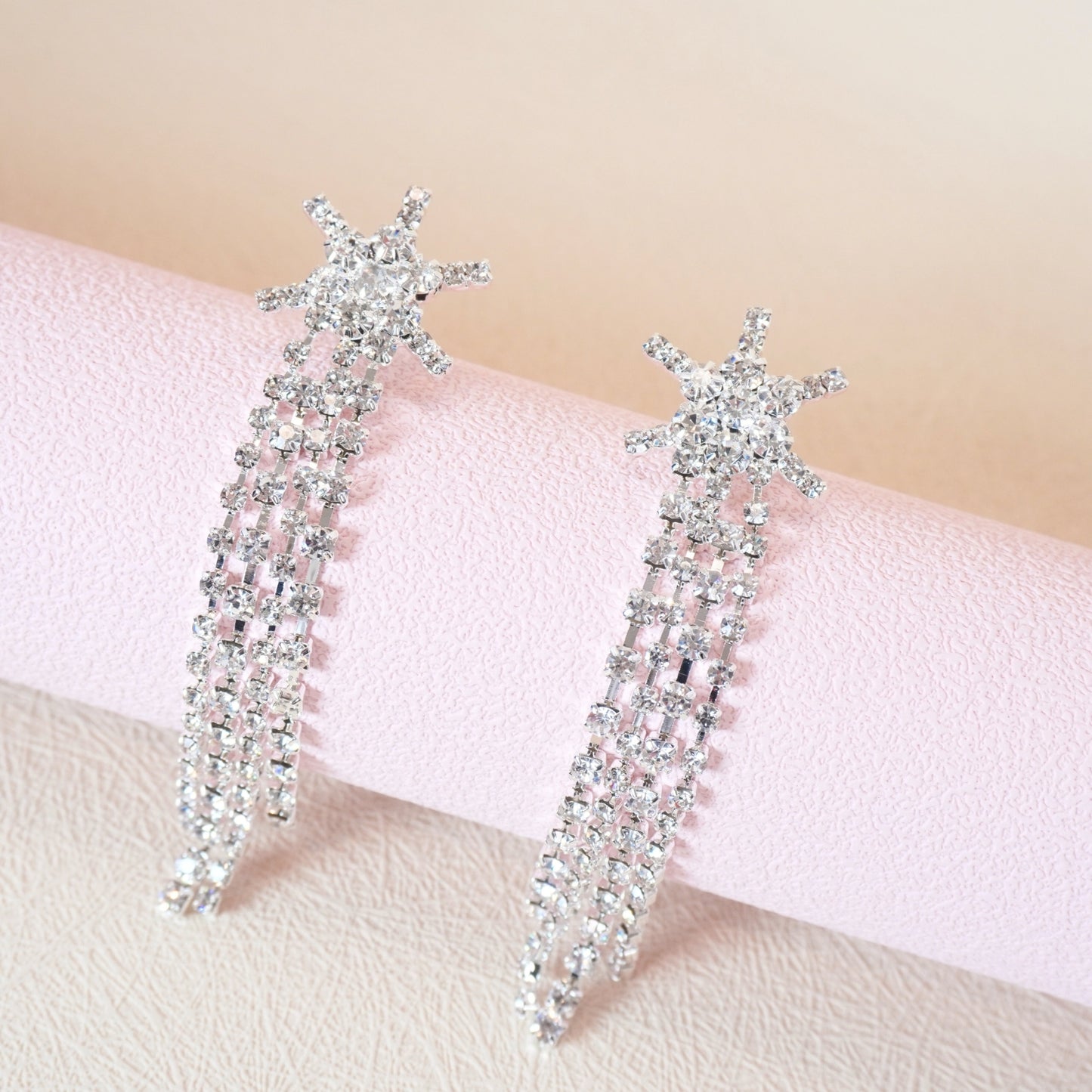 Women’s Tassel Earrings Star Ear Stud Pave Crystal Dangle Earrings Boho Waterfall Beaded Fringe Drop Earring