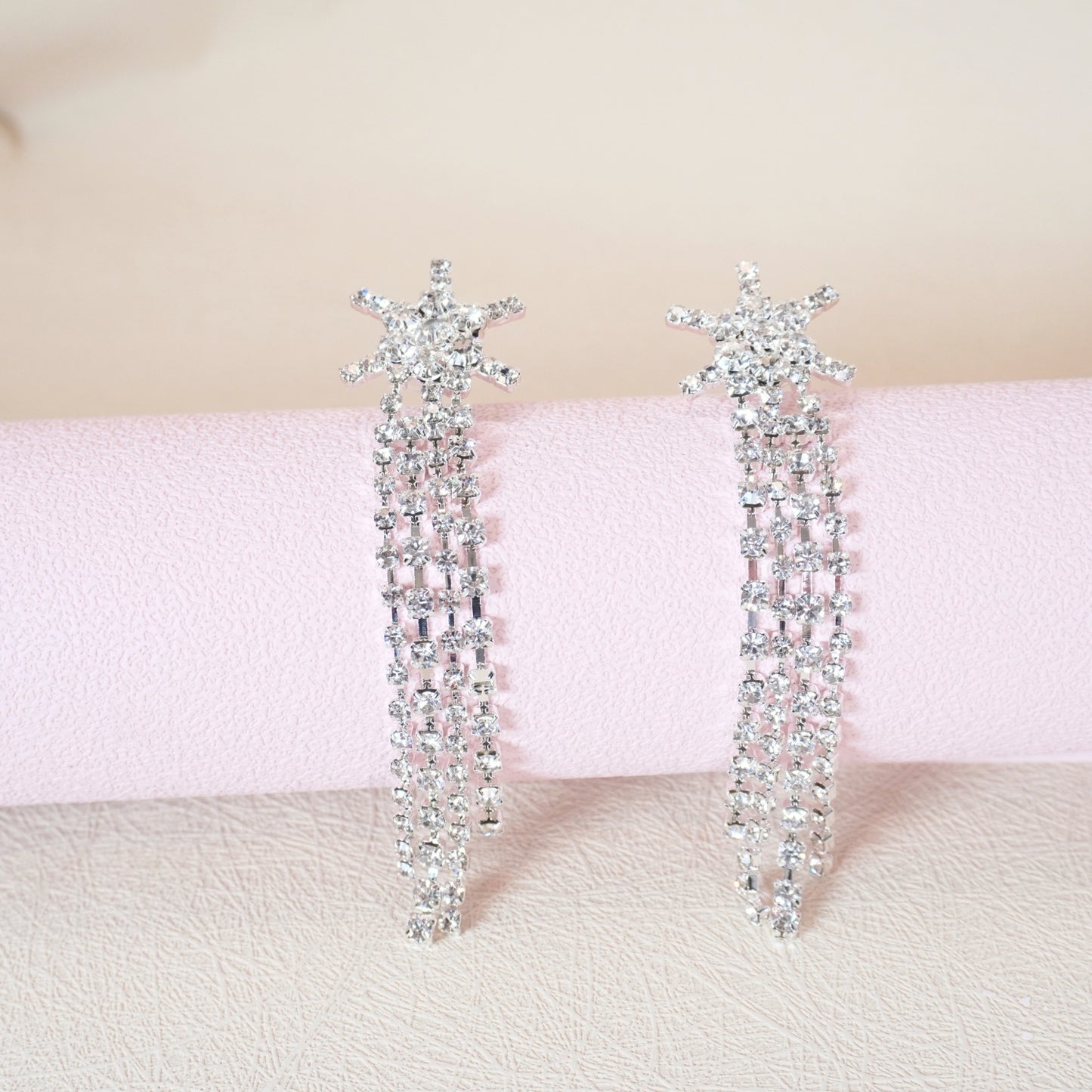 Women’s Tassel Earrings Star Ear Stud Pave Crystal Dangle Earrings Boho Waterfall Beaded Fringe Drop Earring